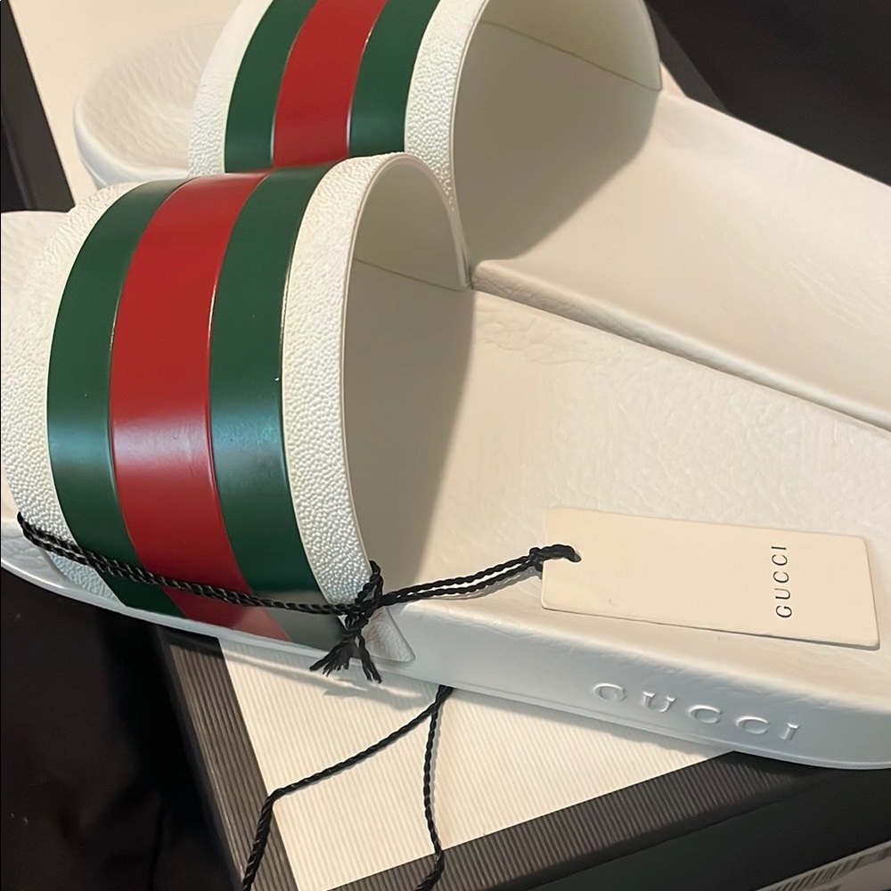 Gucci White Slides with Red and Green Stripes